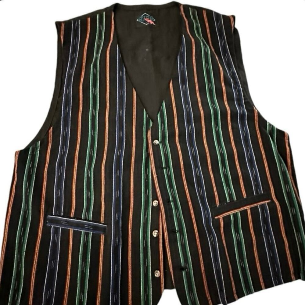 Vintage Gotcha Black Striped Boho Button-Up Waistcoat Vest large
